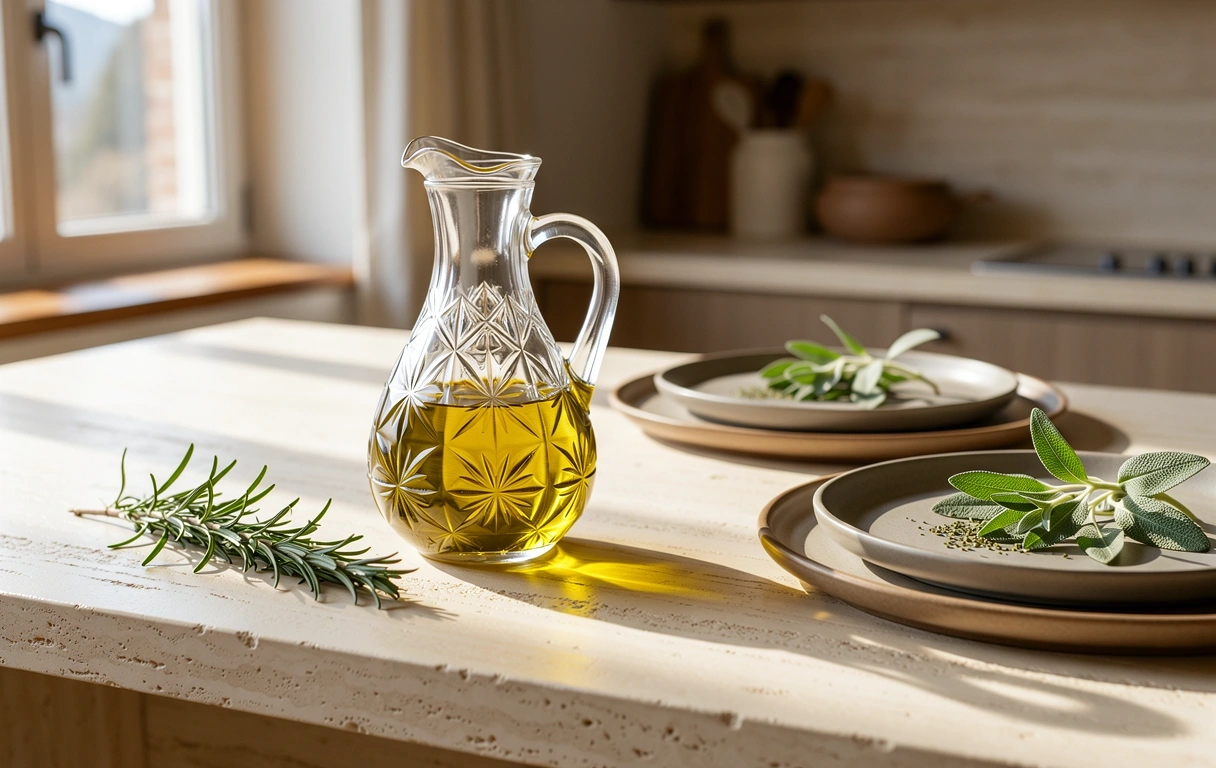 Olio d'oliva di alta qualità in un ambiente minimale